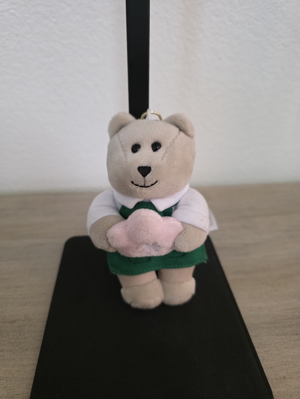Starbucks Plush Bear Keychain in Beige with Green Outfit and Pink Star